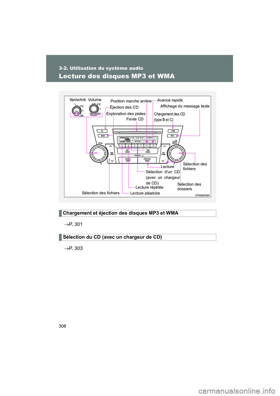 TOYOTA HIGHLANDER 2008 Manuel du propriétaire (in French) 308
3-2. Utilisation du système audio
Highlander_D_(L/O_0705)
Lecture des disques MP3 et WMA
Chargement et éjection des disques MP3 et WMA→ P. 3 0 1
Sélection du CD (avec un chargeur de CD)
→ TOYOTA HIGHLANDER 2008 Manuel du propriétaire (in French) 308
3-2. Utilisation du système audio
Highlander_D_(L/O_0705)
Lecture des disques MP3 et WMA
Chargement et éjection des disques MP3 et WMA→ P. 3 0 1
Sélection du CD (avec un chargeur de CD)
→