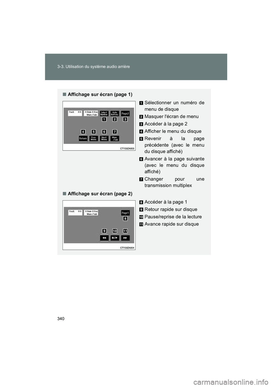 TOYOTA HIGHLANDER 2008  Manuel du propriétaire (in French) 340 3-3. Utilisation du système audio arrière
Highlander_D_(L/O_0705)
■Affichage sur écran (page 1)
Sélectionner un numéro de
menu de disque
Masquer lécran de menu
Accéder à la page 2
Affic