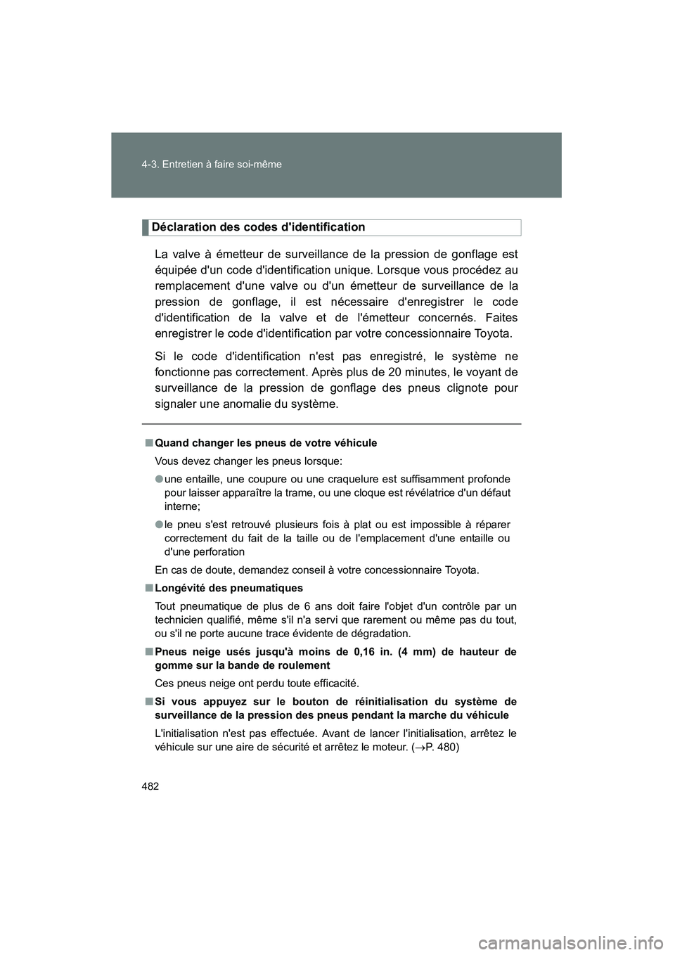 TOYOTA HIGHLANDER 2008 Manuel du propriétaire (in French) 482 4-3. Entretien à faire soi-même
Highlander_D_(L/O_0705)
Déclaration des codes didentificationLa valve à émetteur de surveillance de la pression de gonflage est
équipée dun code didentifi TOYOTA HIGHLANDER 2008 Manuel du propriétaire (in French) 482 4-3. Entretien à faire soi-même
Highlander_D_(L/O_0705)
Déclaration des codes didentificationLa valve à émetteur de surveillance de la pression de gonflage est
équipée dun code didentifi