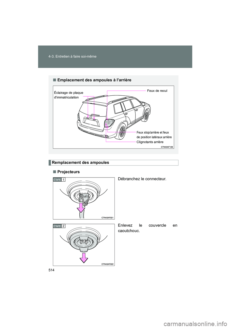 TOYOTA HIGHLANDER 2008  Manuel du propriétaire (in French) 514 4-3. Entretien à faire soi-même
Highlander_D_(L/O_0705)
Remplacement des ampoules■ Projecteurs
Débranchez le connecteur.
Enlevez le couvercle en
caoutchouc.
■Emplacement des ampoules à la