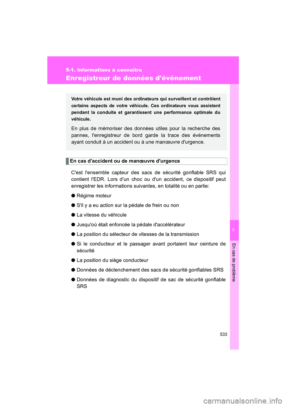 TOYOTA HIGHLANDER 2008  Manuel du propriétaire (in French) 5
En cas de problème
533
5-1. Informations à connaître
Highlander_D_(L/O_0705)
Enregistreur de données dévénement
En cas daccident ou de manœuvre durgenceCest lensemble capteur des sacs de