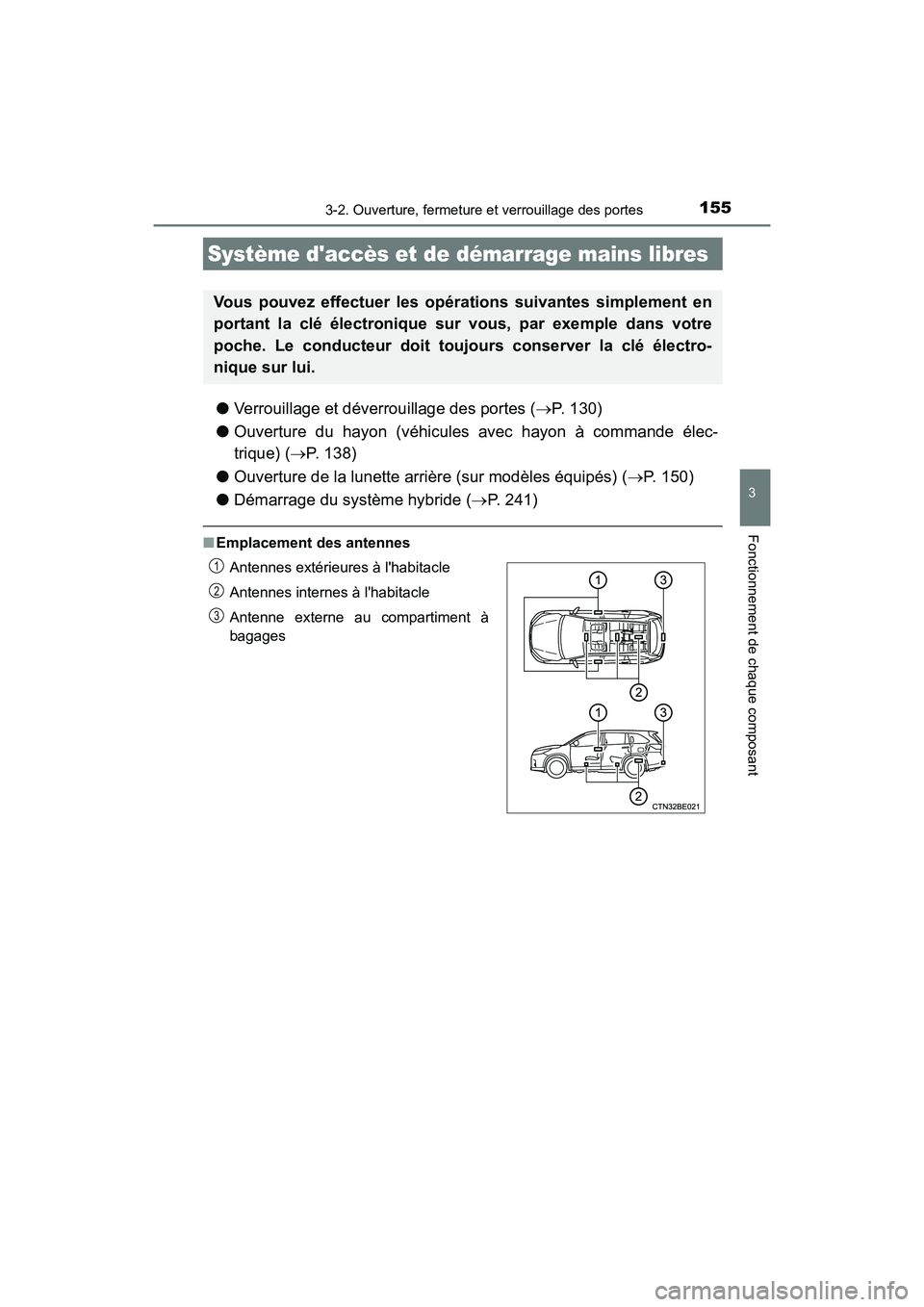 TOYOTA HIGHLANDER HYBRID 2018 Manuel du propriétaire (in French) 1553-2. Ouverture, fermeture et verrouillage des portes
3
Fonctionnement de chaque composant
HIGHLANDER_HV_D_OM0E032D
●Verrouillage et déverrouillage des portes (P. 130)
● Ouverture du hayon TOYOTA HIGHLANDER HYBRID 2018 Manuel du propriétaire (in French) 1553-2. Ouverture, fermeture et verrouillage des portes
3
Fonctionnement de chaque composant
HIGHLANDER_HV_D_OM0E032D
●Verrouillage et déverrouillage des portes (P. 130)
● Ouverture du hayon