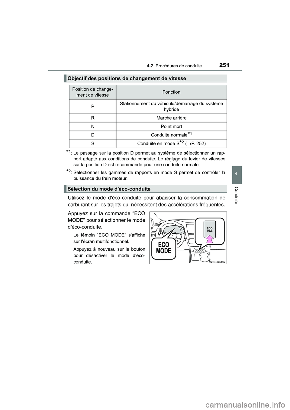 TOYOTA HIGHLANDER HYBRID 2018 Manuel du propriétaire (in French) 2514-2. Procédures de conduite
4
Conduite
HIGHLANDER_HV_D_OM0E032D
*1: Le passage sur la position D permet au système de sélectionner un rap-
port adapté aux conditions de conduite. Le réglage d TOYOTA HIGHLANDER HYBRID 2018 Manuel du propriétaire (in French) 2514-2. Procédures de conduite
4
Conduite
HIGHLANDER_HV_D_OM0E032D
*1: Le passage sur la position D permet au système de sélectionner un rap-
port adapté aux conditions de conduite. Le réglage d