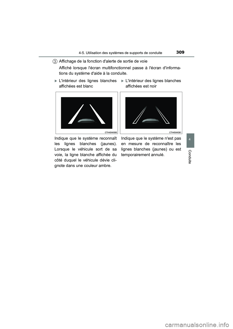 TOYOTA HIGHLANDER HYBRID 2018  Manuel du propriétaire (in French) 3094-5. Utilisation des systèmes de supports de conduite
4
Conduite
HIGHLANDER_HV_D_OM0E032D
Affichage de la fonction dalerte de sortie de voie 
Affiché lorsque lécran multifonct ionnel passe à 