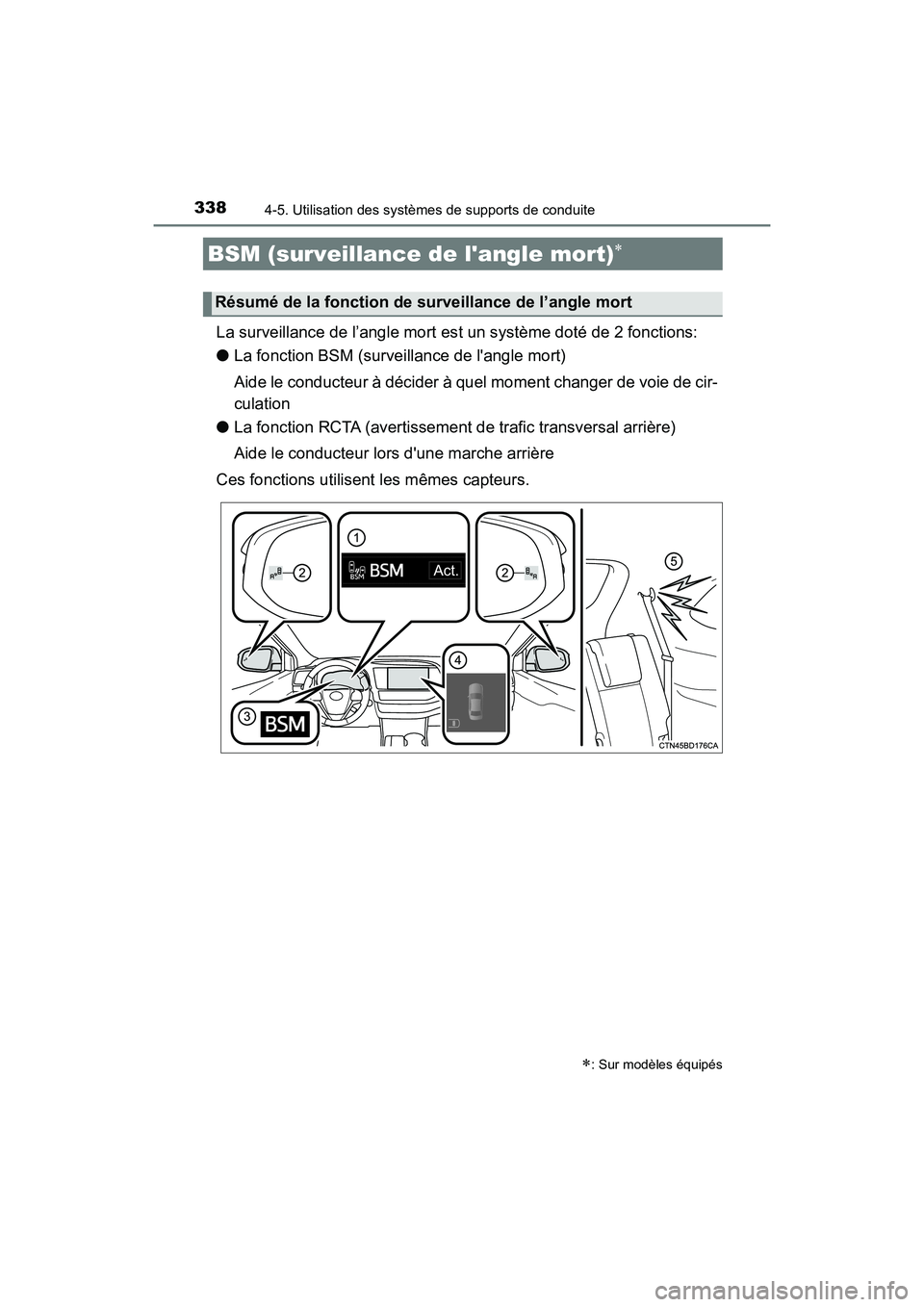 TOYOTA HIGHLANDER HYBRID 2018  Manuel du propriétaire (in French) 3384-5. Utilisation des systèmes de supports de conduite
HIGHLANDER_HV_D_OM0E032D
La surveillance de l’angle mort est un système doté de 2 fonctions: 
● La fonction BSM (surveillance de langle