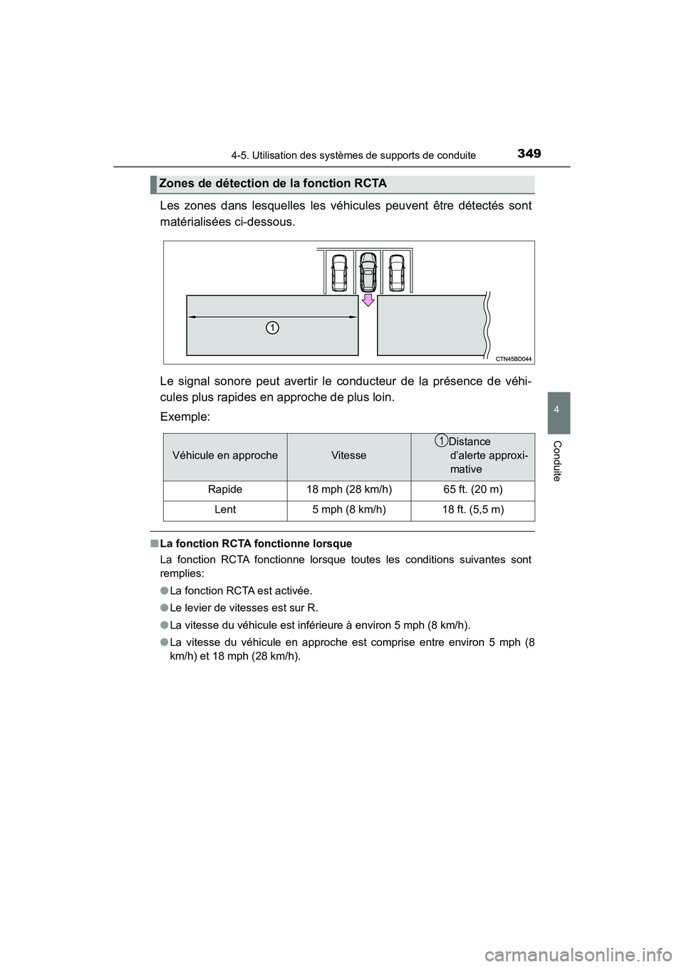 TOYOTA HIGHLANDER HYBRID 2018  Manuel du propriétaire (in French) 3494-5. Utilisation des systèmes de supports de conduite
4
Conduite
HIGHLANDER_HV_D_OM0E032D
Les zones dans lesquelles les véhicules peuvent être détectés sont 
matérialisées ci-dessous. 
Le si
