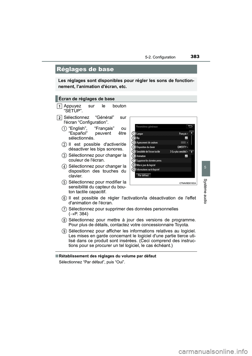 TOYOTA HIGHLANDER HYBRID 2018 Manuel du propriétaire (in French) 3835-2. Configuration
5
Système audio
HIGHLANDER_HV_D_OM0E032D
Appuyez sur le bouton
“SETUP”.
Sélectionnez “Général” sur
lécran “Configuration”.
“English”, “Français” ou TOYOTA HIGHLANDER HYBRID 2018 Manuel du propriétaire (in French) 3835-2. Configuration
5
Système audio
HIGHLANDER_HV_D_OM0E032D
Appuyez sur le bouton
“SETUP”.
Sélectionnez “Général” sur
lécran “Configuration”.
“English”, “Français” ou