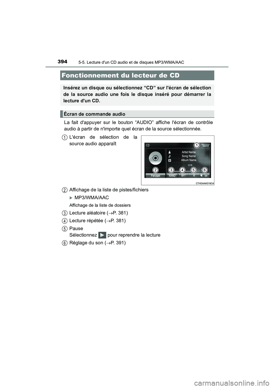 TOYOTA HIGHLANDER HYBRID 2018  Manuel du propriétaire (in French) 394
HIGHLANDER_HV_D_OM0E032D
5-5. Lecture dun CD audio et de disques MP3/WMA/AAC
La fait dappuyer sur le bouton “AUDIO” affiche lécran de contrôle 
audio à partir de nimporte quel écran de