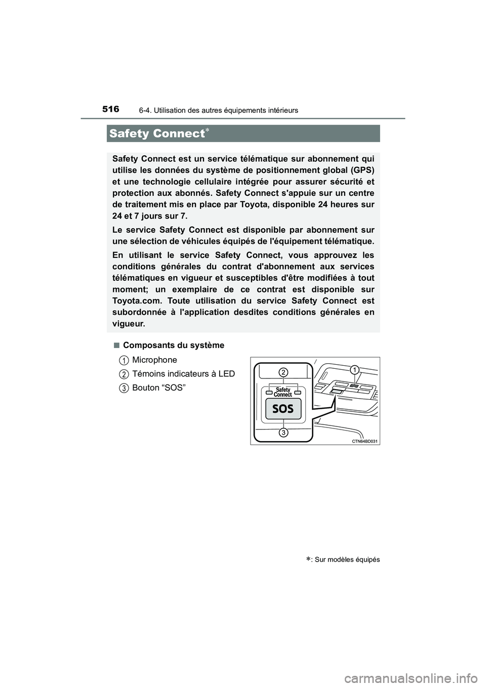 TOYOTA HIGHLANDER HYBRID 2018 Manuel du propriétaire (in French) 5166-4. Utilisation des autres équipements intérieurs
HIGHLANDER_HV_D_OM0E032D
■Composants du système
Microphone
Témoins indicateurs à LED
Bouton “SOS”
Safety Connect
: Sur modèl TOYOTA HIGHLANDER HYBRID 2018 Manuel du propriétaire (in French) 5166-4. Utilisation des autres équipements intérieurs
HIGHLANDER_HV_D_OM0E032D
■Composants du système
Microphone
Témoins indicateurs à LED
Bouton “SOS”
Safety Connect
: Sur modèl