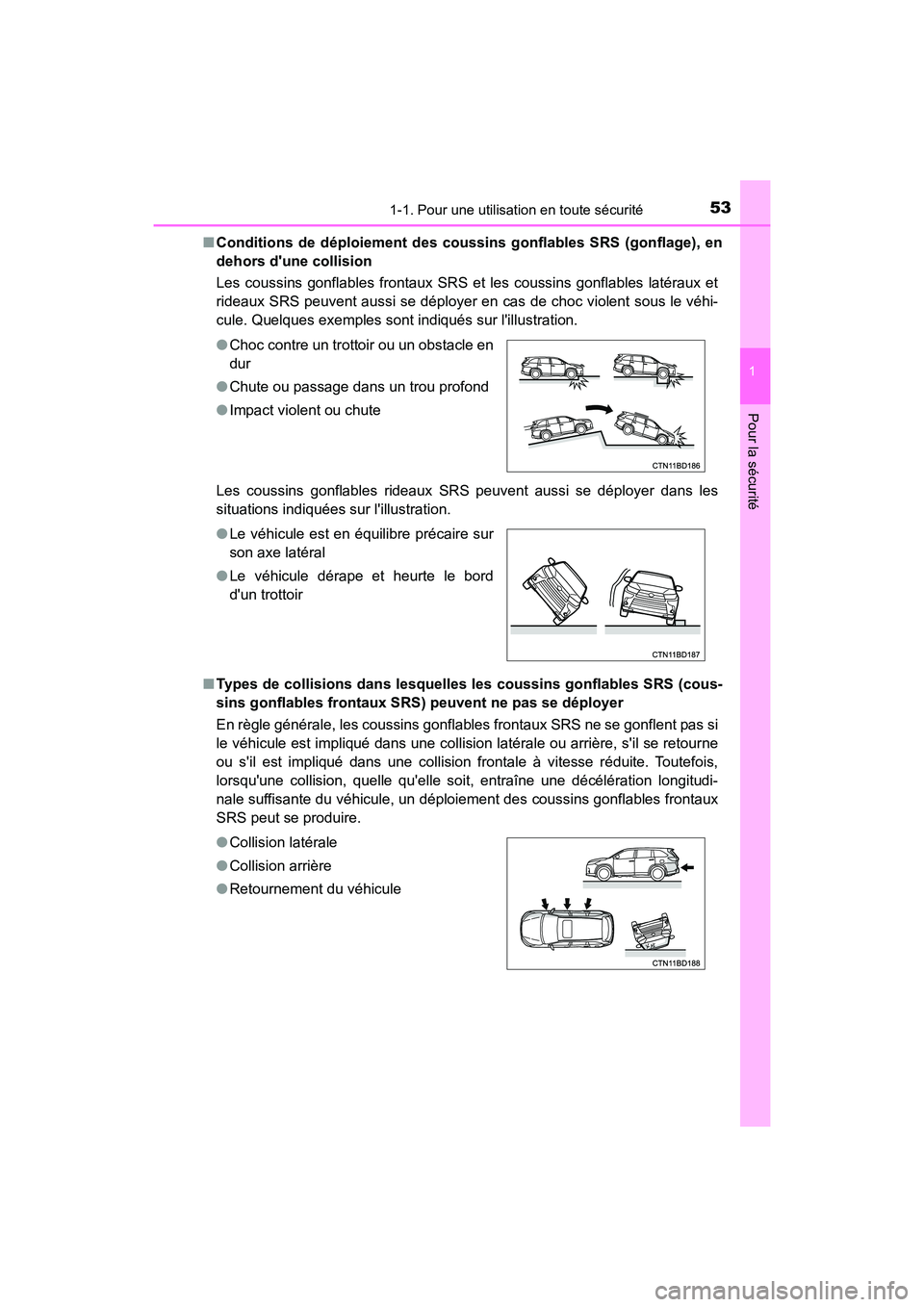 TOYOTA HIGHLANDER HYBRID 2018 Manuel du propriétaire (in French) 531-1. Pour une utilisation en toute sécurité
1
Pour la sécurité
HIGHLANDER_HV_D_OM0E032D
■ Conditions de déploiement des coussins gonflables SRS (gonflage), en
dehors dune collision
Les c TOYOTA HIGHLANDER HYBRID 2018 Manuel du propriétaire (in French) 531-1. Pour une utilisation en toute sécurité
1
Pour la sécurité
HIGHLANDER_HV_D_OM0E032D
■ Conditions de déploiement des coussins gonflables SRS (gonflage), en
dehors dune collision
Les c