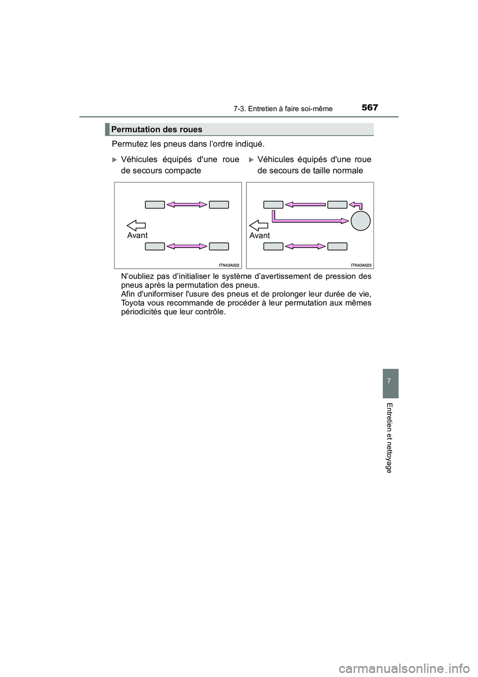 TOYOTA HIGHLANDER HYBRID 2018 Manuel du propriétaire (in French) 5677-3. Entretien à faire soi-même
7
Entretien et nettoyage
HIGHLANDER_HV_D_OM0E032D
Permutez les pneus dans l’ordre indiqué.
N’oubliez pas d’initialiser le système d’avertissement de pres TOYOTA HIGHLANDER HYBRID 2018 Manuel du propriétaire (in French) 5677-3. Entretien à faire soi-même
7
Entretien et nettoyage
HIGHLANDER_HV_D_OM0E032D
Permutez les pneus dans l’ordre indiqué.
N’oubliez pas d’initialiser le système d’avertissement de pres