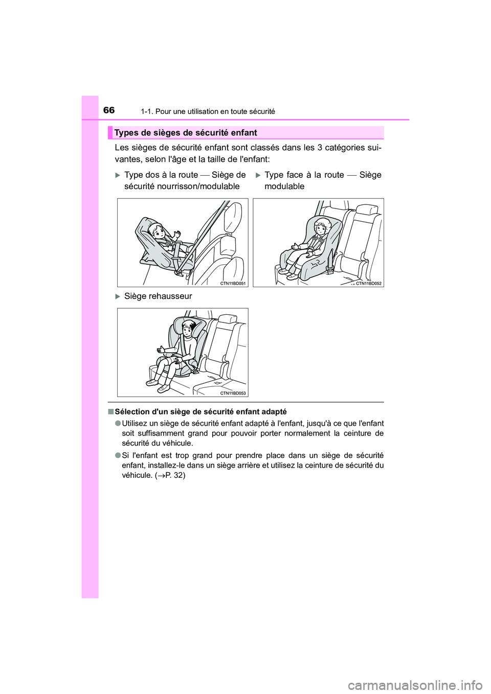 TOYOTA HIGHLANDER HYBRID 2018 Manuel du propriétaire (in French) 661-1. Pour une utilisation en toute sécurité
HIGHLANDER_HV_D_OM0E032D
Les sièges de sécurité enfant sont classés dans les 3 catégories sui-
vantes, selon lâge et la taille de lenfant:
■ TOYOTA HIGHLANDER HYBRID 2018 Manuel du propriétaire (in French) 661-1. Pour une utilisation en toute sécurité
HIGHLANDER_HV_D_OM0E032D
Les sièges de sécurité enfant sont classés dans les 3 catégories sui-
vantes, selon lâge et la taille de lenfant:
■