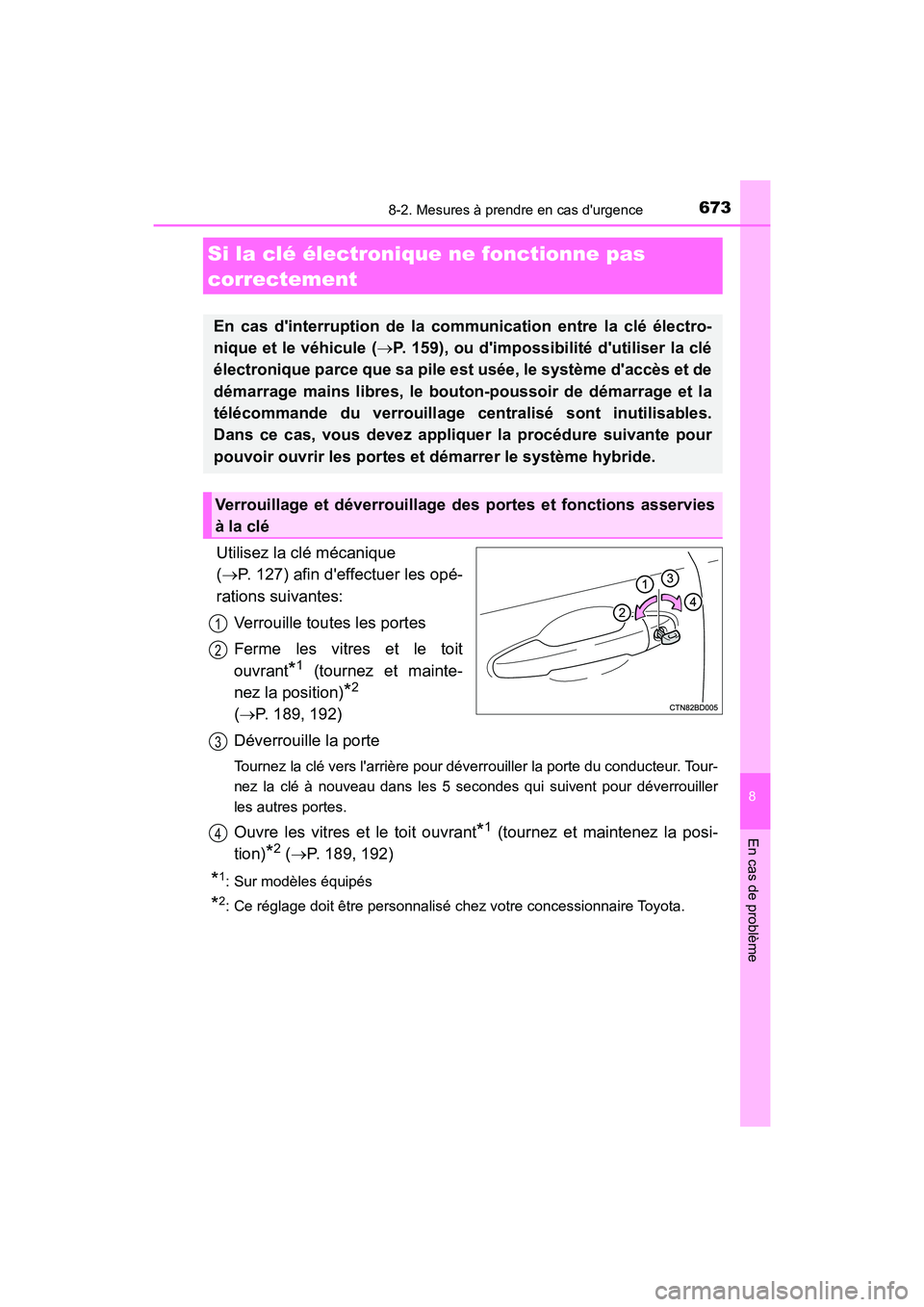 TOYOTA HIGHLANDER HYBRID 2018 Manuel du propriétaire (in French) 6738-2. Mesures à prendre en cas durgence
8
En cas de problème
HIGHLANDER_HV_D_OM0E032D
Utilisez la clé mécanique
( P. 127) afin deffectuer les opé-
rations suivantes:
Verrouille toutes TOYOTA HIGHLANDER HYBRID 2018 Manuel du propriétaire (in French) 6738-2. Mesures à prendre en cas durgence
8
En cas de problème
HIGHLANDER_HV_D_OM0E032D
Utilisez la clé mécanique
( P. 127) afin deffectuer les opé-
rations suivantes:
Verrouille toutes