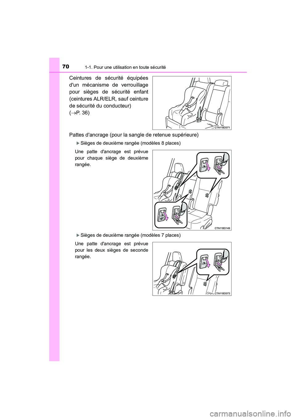 TOYOTA HIGHLANDER HYBRID 2018 Manuel du propriétaire (in French) 701-1. Pour une utilisation en toute sécurité
HIGHLANDER_HV_D_OM0E032D
Ceintures de sécurité équipées
dun mécanisme de verrouillage
pour sièges de sécurité enfant
(ceintures ALR/ELR, sauf TOYOTA HIGHLANDER HYBRID 2018 Manuel du propriétaire (in French) 701-1. Pour une utilisation en toute sécurité
HIGHLANDER_HV_D_OM0E032D
Ceintures de sécurité équipées
dun mécanisme de verrouillage
pour sièges de sécurité enfant
(ceintures ALR/ELR, sauf