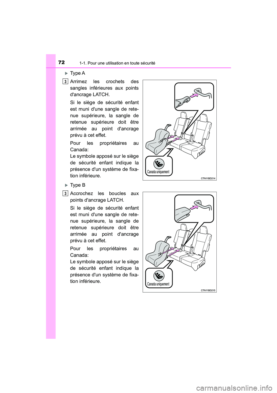 TOYOTA HIGHLANDER HYBRID 2018 Manuel du propriétaire (in French) 721-1. Pour une utilisation en toute sécurité
HIGHLANDER_HV_D_OM0E032D
Ty p e A
Arrimez les crochets des
sangles inférieures aux points
dancrage LATCH.
Si le siège de sécurité enfant
TOYOTA HIGHLANDER HYBRID 2018 Manuel du propriétaire (in French) 721-1. Pour une utilisation en toute sécurité
HIGHLANDER_HV_D_OM0E032D
Ty p e A
Arrimez les crochets des
sangles inférieures aux points
dancrage LATCH.
Si le siège de sécurité enfant