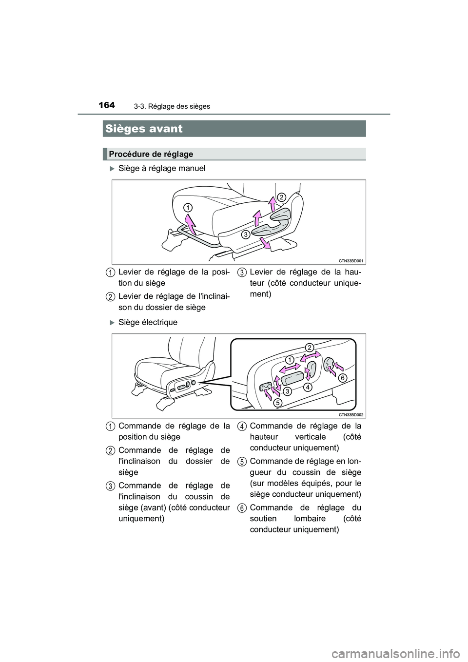 TOYOTA HIGHLANDER HYBRID 2017  Manuel du propriétaire (in French) 164
HIGHLANDER_HV_D_OM0E018D
3-3. Réglage des sièges
Siège à réglage manuel
Siège électrique
Sièges avant
Procédure de réglage
Levier de réglage de la posi-
tion du siège
Levier de r