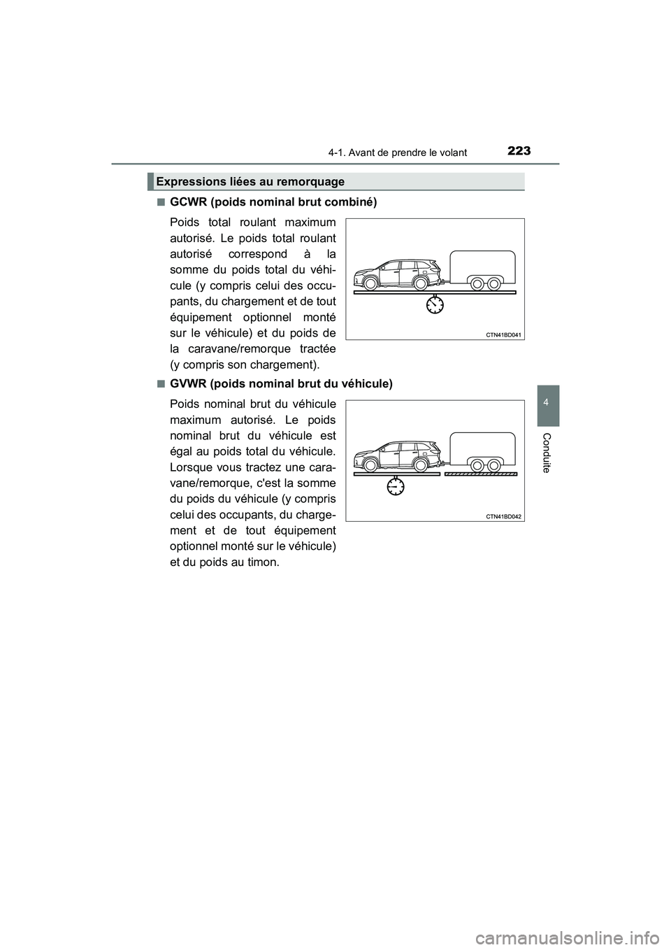 TOYOTA HIGHLANDER HYBRID 2017 Manuel du propriétaire (in French) 2234-1. Avant de prendre le volant
4
Conduite
HIGHLANDER_HV_D_OM0E018D■
GCWR (poids nominal brut combiné)
Poids total roulant maximum
autorisé. Le poids total roulant
autorisé correspond à la
so TOYOTA HIGHLANDER HYBRID 2017 Manuel du propriétaire (in French) 2234-1. Avant de prendre le volant
4
Conduite
HIGHLANDER_HV_D_OM0E018D■
GCWR (poids nominal brut combiné)
Poids total roulant maximum
autorisé. Le poids total roulant
autorisé correspond à la
so