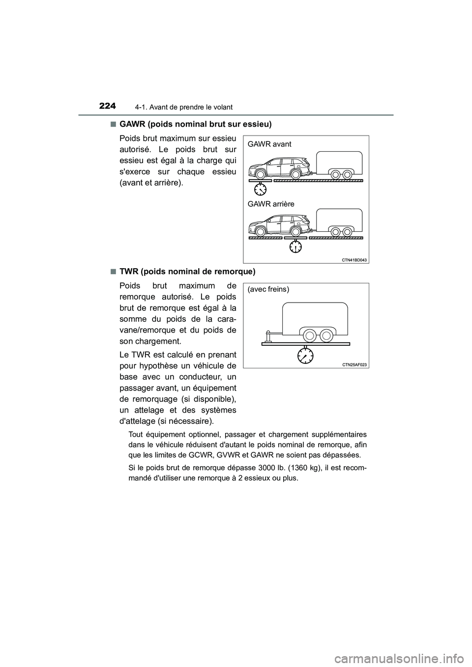 TOYOTA HIGHLANDER HYBRID 2017 Manuel du propriétaire (in French) 2244-1. Avant de prendre le volant
HIGHLANDER_HV_D_OM0E018D■
GAWR (poids nominal brut sur essieu)
Poids brut maximum sur essieu
autorisé. Le poids brut sur
essieu est égal à la charge qui
sexerc TOYOTA HIGHLANDER HYBRID 2017 Manuel du propriétaire (in French) 2244-1. Avant de prendre le volant
HIGHLANDER_HV_D_OM0E018D■
GAWR (poids nominal brut sur essieu)
Poids brut maximum sur essieu
autorisé. Le poids brut sur
essieu est égal à la charge qui
sexerc
