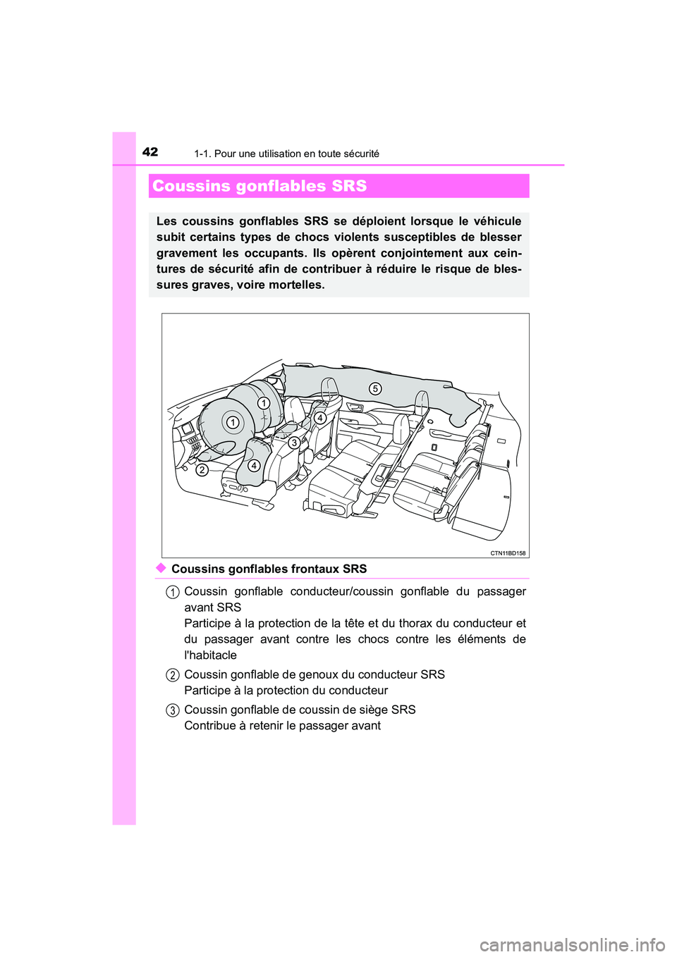 TOYOTA HIGHLANDER HYBRID 2017 Manuel du propriétaire (in French) 421-1. Pour une utilisation en toute sécurité
HIGHLANDER_HV_D_OM0E018D
◆Coussins gonflables frontaux SRSCoussin gonflable conducteur/c oussin gonflable du passager
avant SRS
Participe à la protec TOYOTA HIGHLANDER HYBRID 2017 Manuel du propriétaire (in French) 421-1. Pour une utilisation en toute sécurité
HIGHLANDER_HV_D_OM0E018D
◆Coussins gonflables frontaux SRSCoussin gonflable conducteur/c oussin gonflable du passager
avant SRS
Participe à la protec