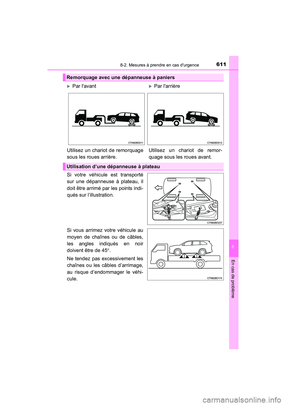 TOYOTA HIGHLANDER HYBRID 2017  Manuel du propriétaire (in French) 6118-2. Mesures à prendre en cas durgence
8
En cas de problème
HIGHLANDER_HV_D_OM0E018D
Si votre véhicule est transporté
sur une dépanneuse à plateau, il
doit être arrimé par les points indi-