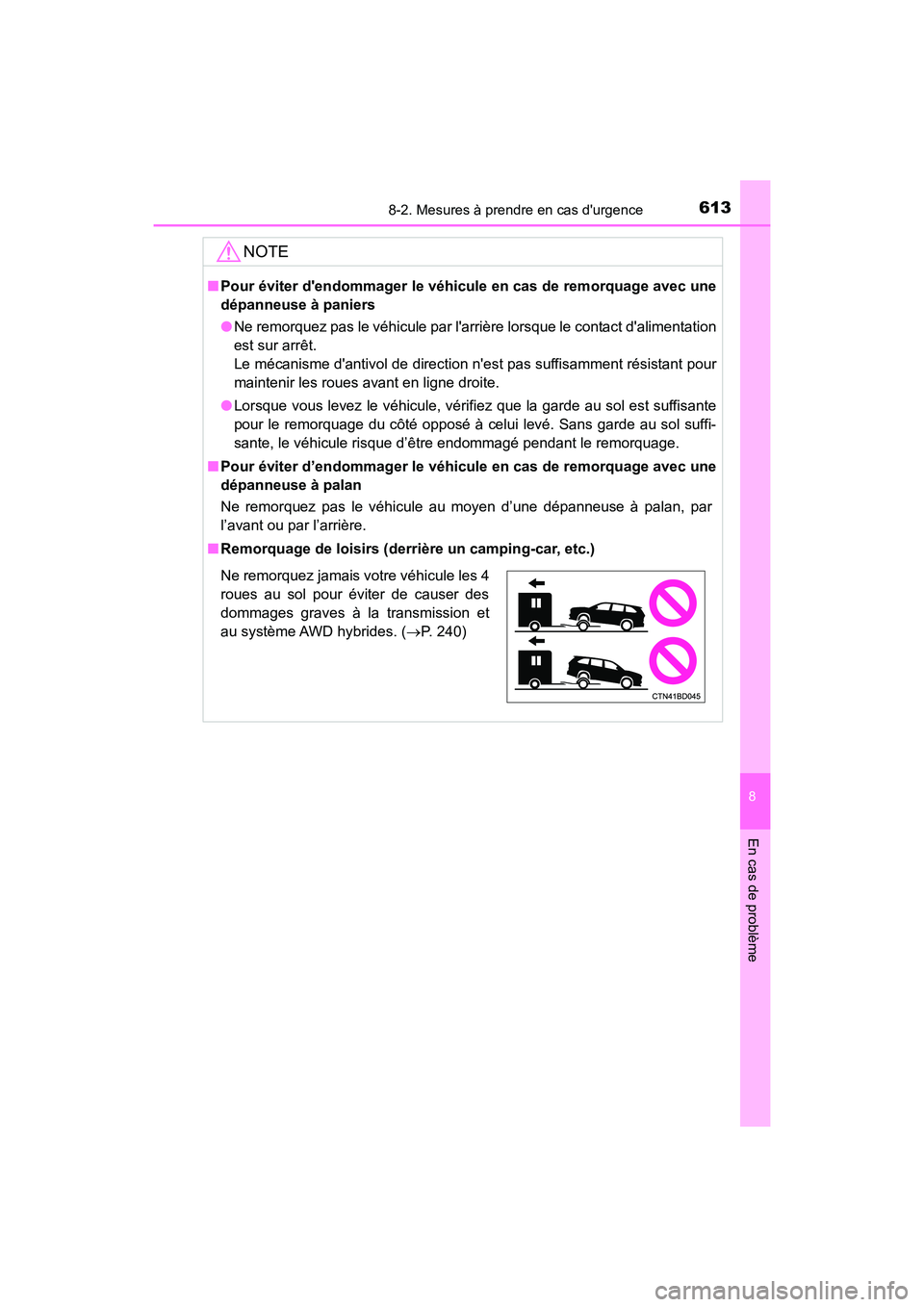 TOYOTA HIGHLANDER HYBRID 2017  Manuel du propriétaire (in French) 6138-2. Mesures à prendre en cas durgence
8
En cas de problème
HIGHLANDER_HV_D_OM0E018D
NOTE
■Pour éviter dendommager le véhic ule en cas de remorquage avec une
dépanneuse à paniers
● Ne r