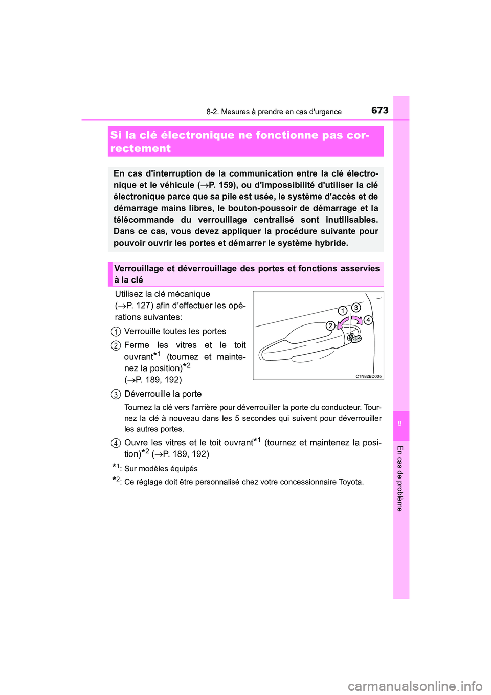 TOYOTA HIGHLANDER HYBRID 2017 Manuel du propriétaire (in French) 6738-2. Mesures à prendre en cas durgence
8
En cas de problème
HIGHLANDER_HV_D_OM0E018D
Utilisez la clé mécanique
( P. 127) afin deffectuer les opé-
rations suivantes:
Verrouille toutes les TOYOTA HIGHLANDER HYBRID 2017 Manuel du propriétaire (in French) 6738-2. Mesures à prendre en cas durgence
8
En cas de problème
HIGHLANDER_HV_D_OM0E018D
Utilisez la clé mécanique
( P. 127) afin deffectuer les opé-
rations suivantes:
Verrouille toutes les