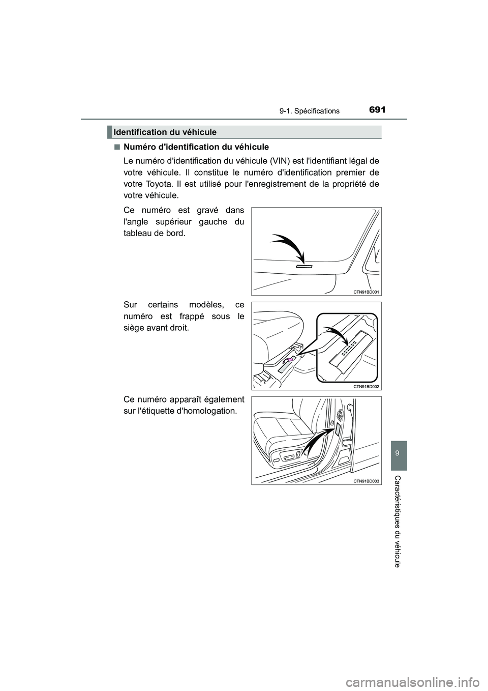 TOYOTA HIGHLANDER HYBRID 2017 Manuel du propriétaire (in French) 6919-1. Spécifications
9
Caractéristiques du véhicule
HIGHLANDER_HV_D_OM0E018D■
Numéro didentification du véhicule
Le numéro didentification du véhicule (VIN) est lidentifiant légal de
vo TOYOTA HIGHLANDER HYBRID 2017 Manuel du propriétaire (in French) 6919-1. Spécifications
9
Caractéristiques du véhicule
HIGHLANDER_HV_D_OM0E018D■
Numéro didentification du véhicule
Le numéro didentification du véhicule (VIN) est lidentifiant légal de
vo