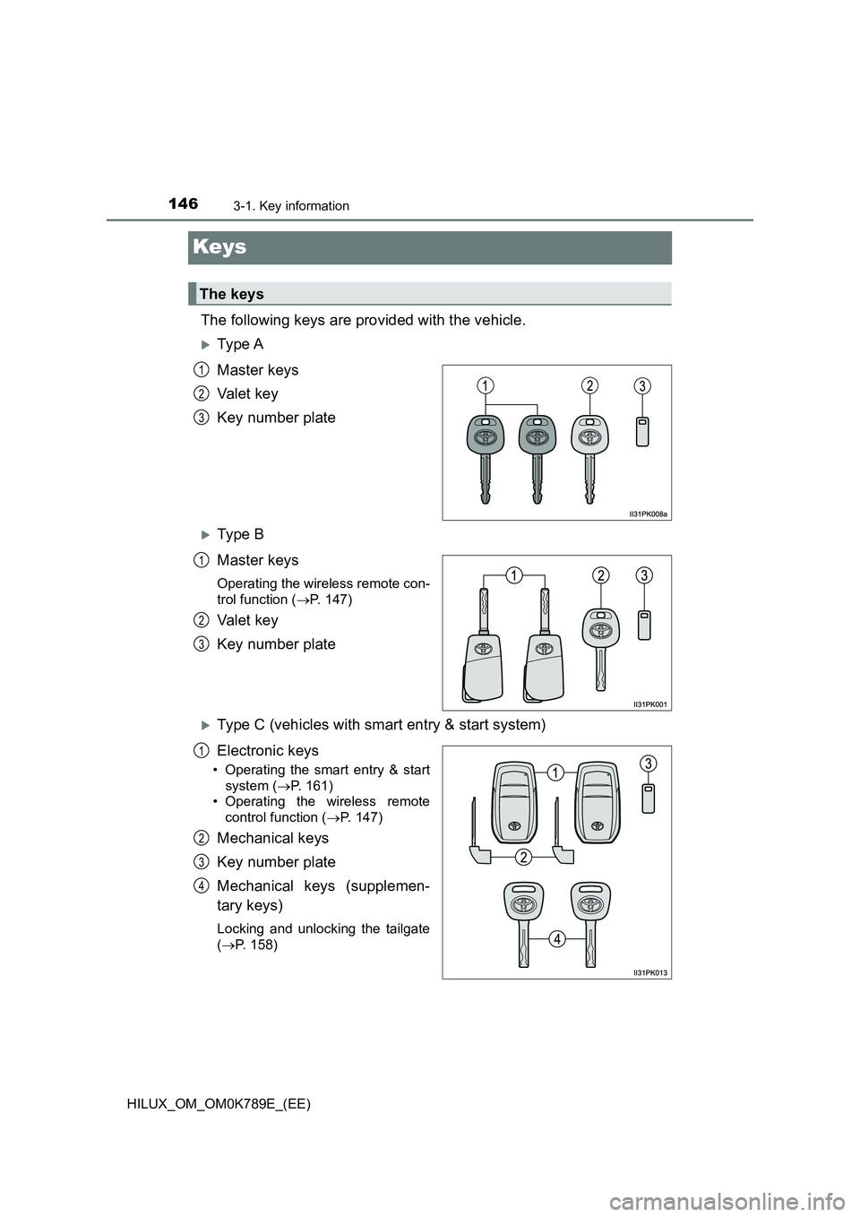 TOYOTA HILUX 2023 Owners Manual 1463-1. Key information
HILUX_OM_OM0K789E_(EE)
Keys
The following keys are provided with the vehicle.
Ty pe A
Master keys
Va l e t k e y
Key number plate
Ty pe B
Master keys
Operating the TOYOTA HILUX 2023 Owners Manual 1463-1. Key information
HILUX_OM_OM0K789E_(EE)
Keys
The following keys are provided with the vehicle.
Ty pe A
Master keys
Va l e t k e y
Key number plate
Ty pe B
Master keys
Operating the