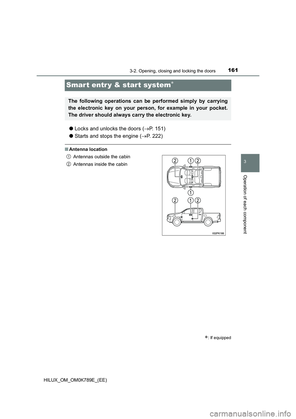 TOYOTA HILUX 2023 User Guide 161
3
3-2. Opening, closing and locking the doors
Operation of each component
HILUX_OM_OM0K789E_(EE)
Smar t entr y & start system
●Locks and unlocks the doors (P. 151)
● Starts and stops th TOYOTA HILUX 2023 User Guide 161
3
3-2. Opening, closing and locking the doors
Operation of each component
HILUX_OM_OM0K789E_(EE)
Smar t entr y & start system
●Locks and unlocks the doors (P. 151)
● Starts and stops th