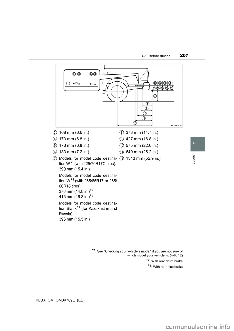 TOYOTA HILUX 2023  Owners Manual 2074-1. Before driving
4
Driving
HILUX_OM_OM0K789E_(EE)
*1: See “Checking your vehicle’s model” if you are not sure of 
which model your vehicle is. ( P.  1 2 )
*2: With rear drum brake
*3: W