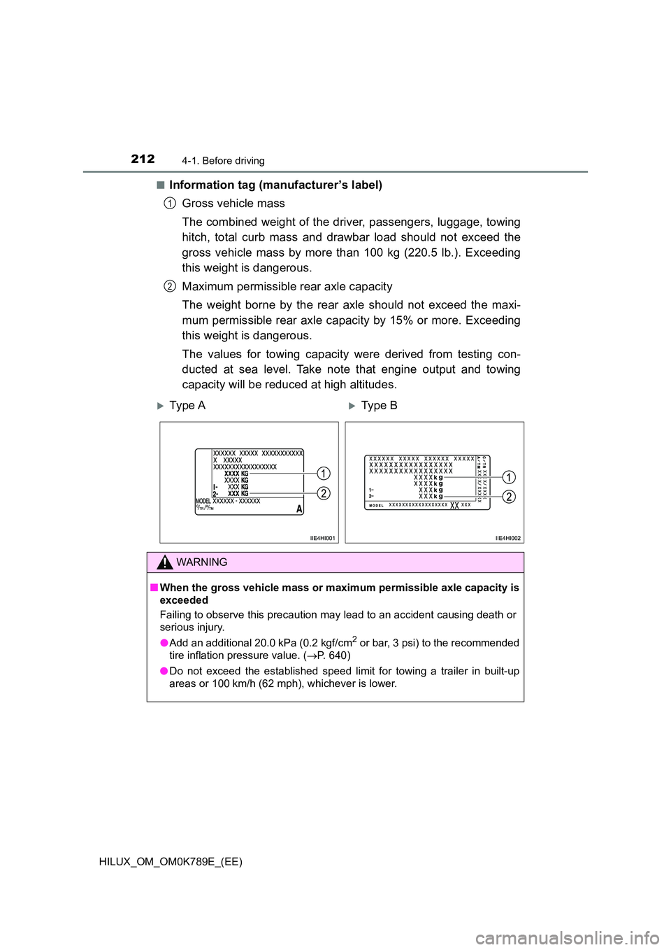 TOYOTA HILUX 2023  Owners Manual 2124-1. Before driving
HILUX_OM_OM0K789E_(EE) 
■Information tag (manufacturer’s label) 
Gross vehicle mass 
The combined weight of the driver, passengers, luggage, towing 
hitch, total curb mass a