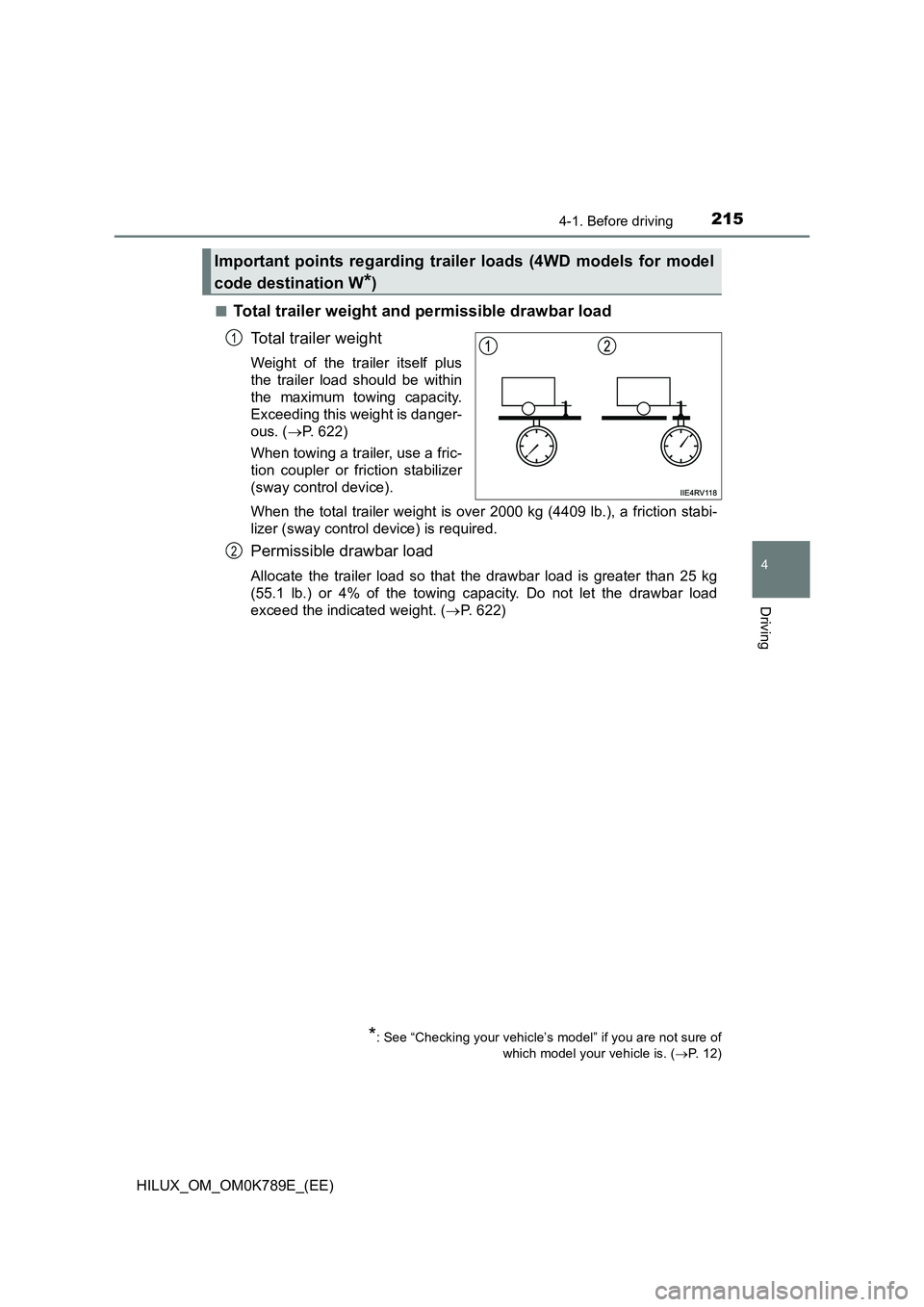 TOYOTA HILUX 2023  Owners Manual 2154-1. Before driving
4
Driving
HILUX_OM_OM0K789E_(EE) 
■Total trailer weight and permissible drawbar load 
Total trailer weight
Weight of the trailer itself plus 
the trailer load should be within