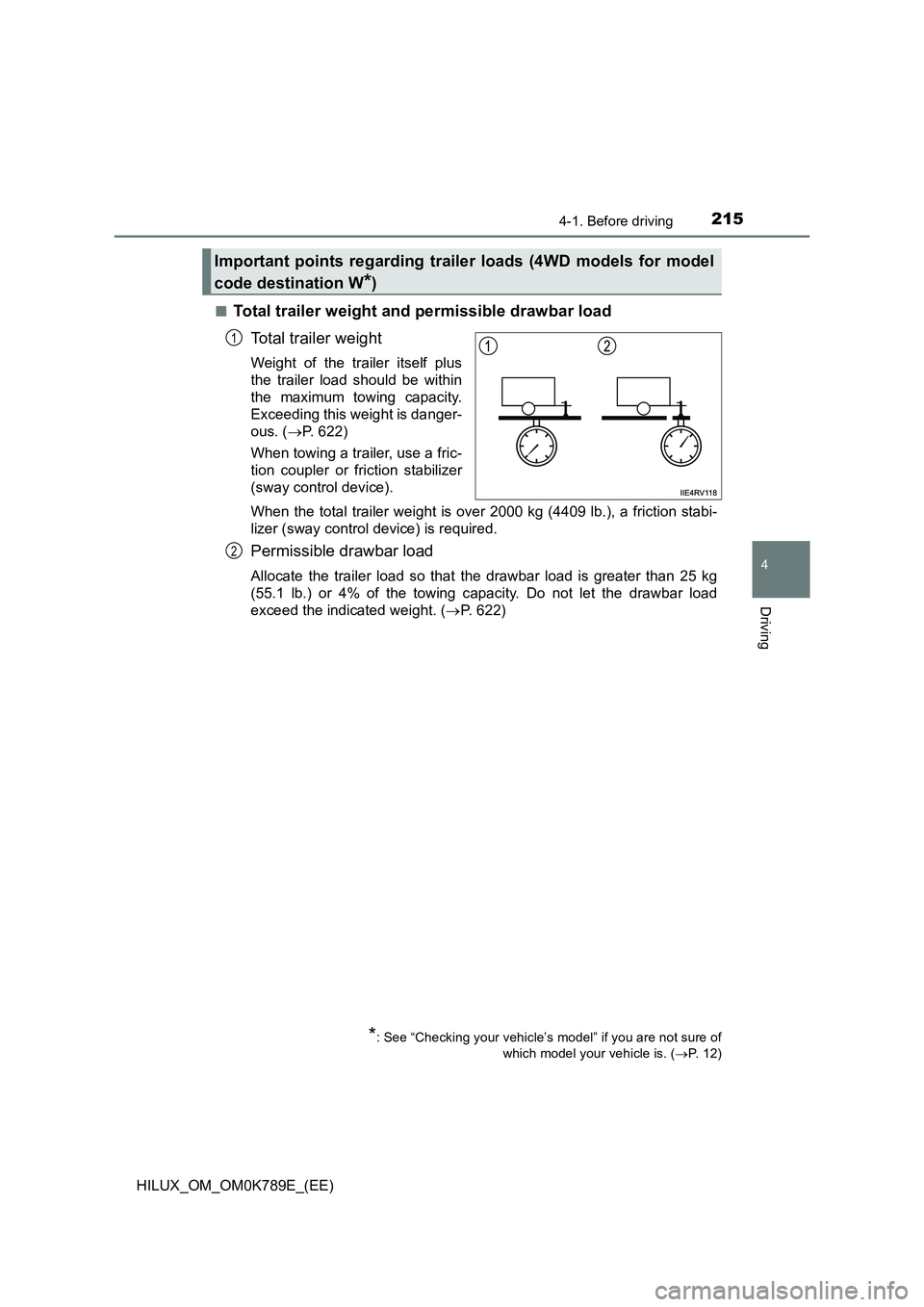 TOYOTA HILUX 2023 Owners Manual 2154-1. Before driving
4
Driving
HILUX_OM_OM0K789E_(EE) 
■Total trailer weight and permissible drawbar load 
Total trailer weight
Weight of the trailer itself plus 
the trailer load should be within