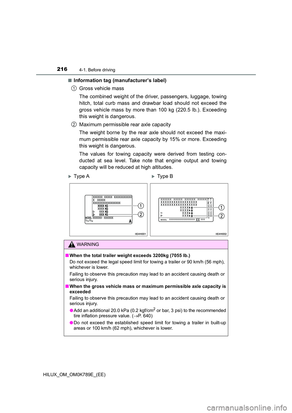 TOYOTA HILUX 2023  Owners Manual 2164-1. Before driving
HILUX_OM_OM0K789E_(EE) 
■Information tag (manufacturer’s label) 
Gross vehicle mass 
The combined weight of the driver, passengers, luggage, towing 
hitch, total curb mass a
