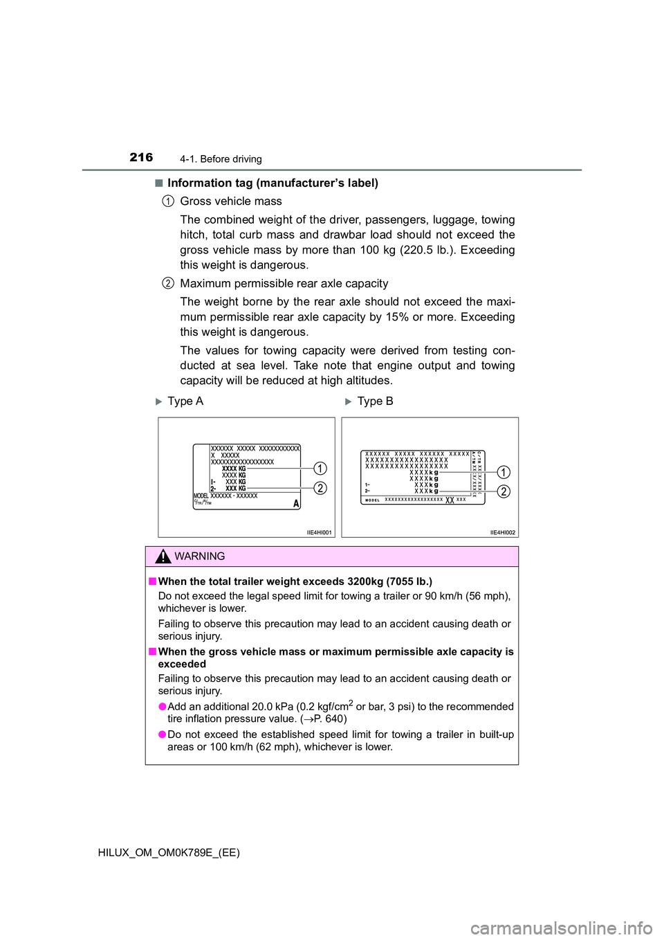 TOYOTA HILUX 2023 Owners Manual 2164-1. Before driving
HILUX_OM_OM0K789E_(EE) 
■Information tag (manufacturer’s label) 
Gross vehicle mass 
The combined weight of the driver, passengers, luggage, towing 
hitch, total curb mass a