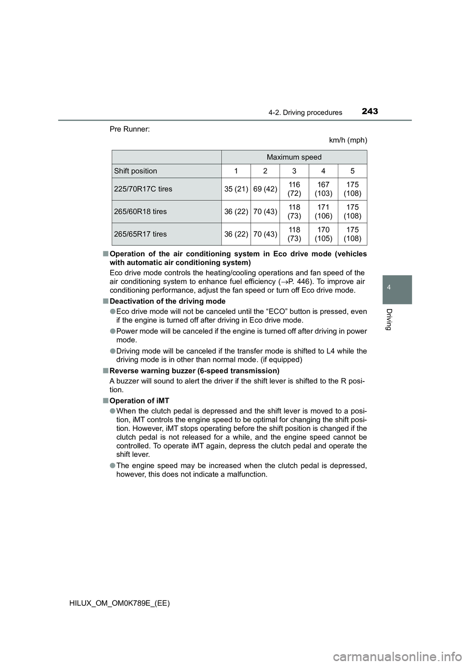 TOYOTA HILUX 2023  Owners Manual 2434-2. Driving procedures
4
Driving
HILUX_OM_OM0K789E_(EE) 
Pre Runner: 
km/h (mph) 
■ Operation of the air conditioning system in Eco drive mode (vehicles 
with automatic air conditioning system) 