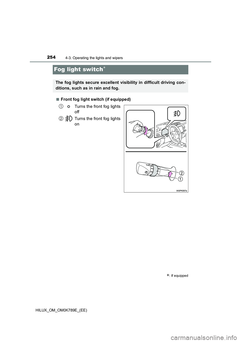 TOYOTA HILUX 2023 Owners Manual 2544-3. Operating the lights and wipers
HILUX_OM_OM0K789E_(EE)
Fog light switch
■Front fog light switch (if equipped)
Turns the front fog lights
off
Turns the front fog lights
on
: If equi TOYOTA HILUX 2023 Owners Manual 2544-3. Operating the lights and wipers
HILUX_OM_OM0K789E_(EE)
Fog light switch
■Front fog light switch (if equipped)
Turns the front fog lights
off
Turns the front fog lights
on
: If equi