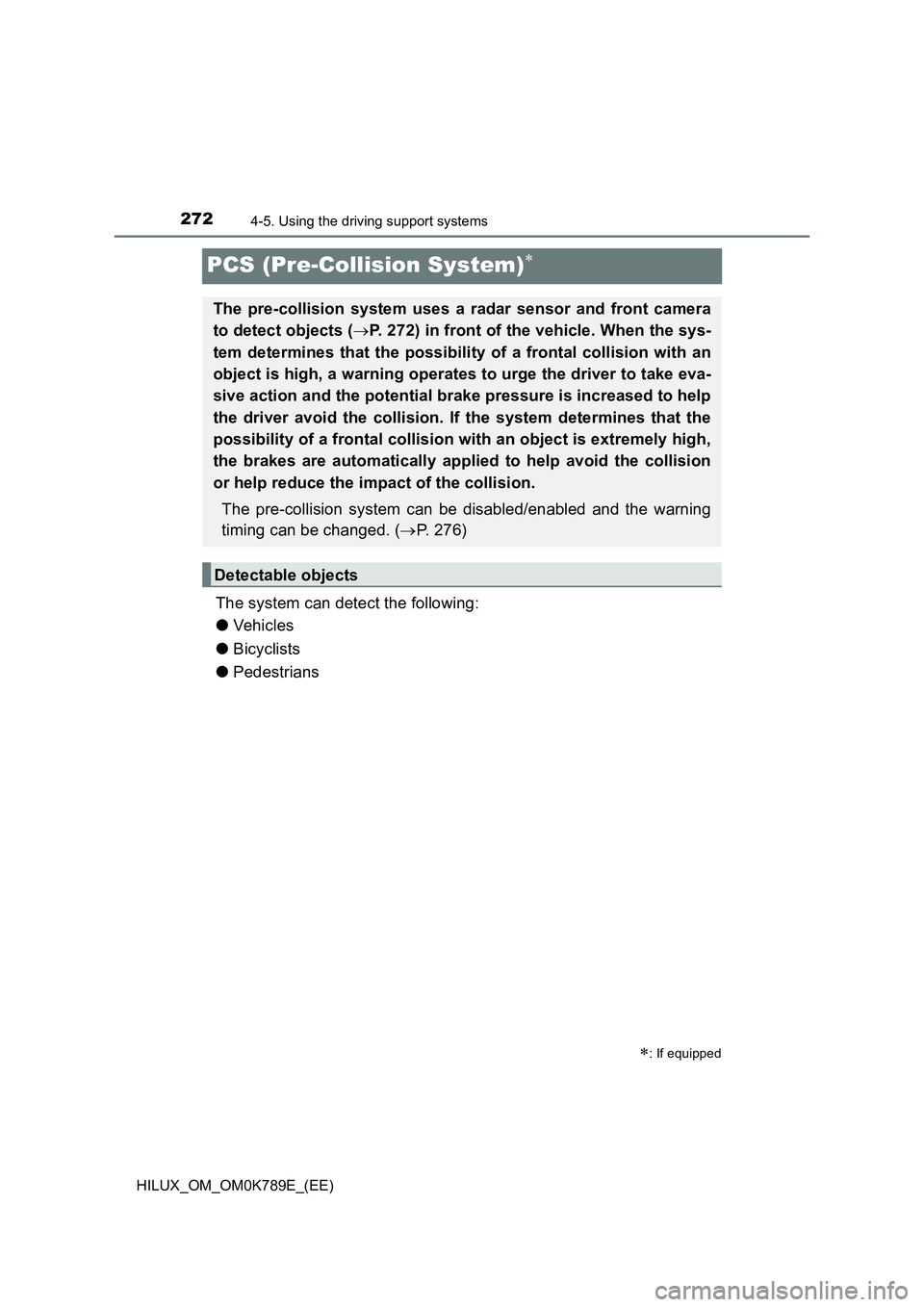 TOYOTA HILUX 2023 User Guide 2724-5. Using the driving support systems
HILUX_OM_OM0K789E_(EE)
PCS (Pre-Collision System)
The system can detect the following:
● Ve hi cl e s
● Bicyclists
● Pedestrians
: If equipped
TOYOTA HILUX 2023 User Guide 2724-5. Using the driving support systems
HILUX_OM_OM0K789E_(EE)
PCS (Pre-Collision System)
The system can detect the following:
● Ve hi cl e s
● Bicyclists
● Pedestrians
: If equipped