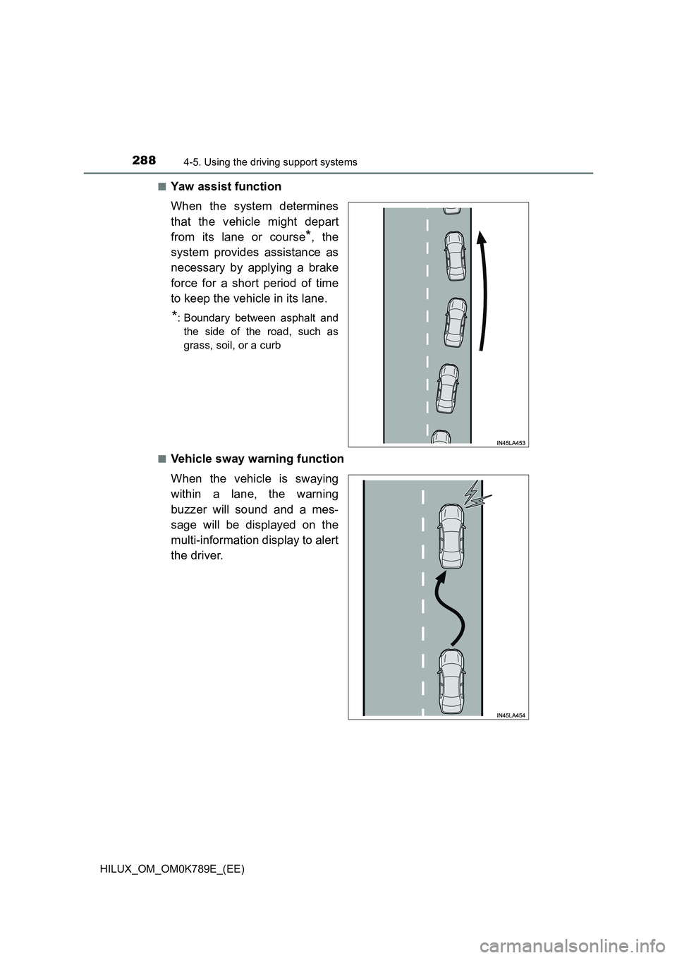 TOYOTA HILUX 2023 Owners Manual 2884-5. Using the driving support systems
HILUX_OM_OM0K789E_(EE)
■Yaw assist function
When the system determines
that the vehicle might depart
from its lane or course*, the
system provides assi TOYOTA HILUX 2023 Owners Manual 2884-5. Using the driving support systems
HILUX_OM_OM0K789E_(EE)
■Yaw assist function
When the system determines
that the vehicle might depart
from its lane or course*, the
system provides assi