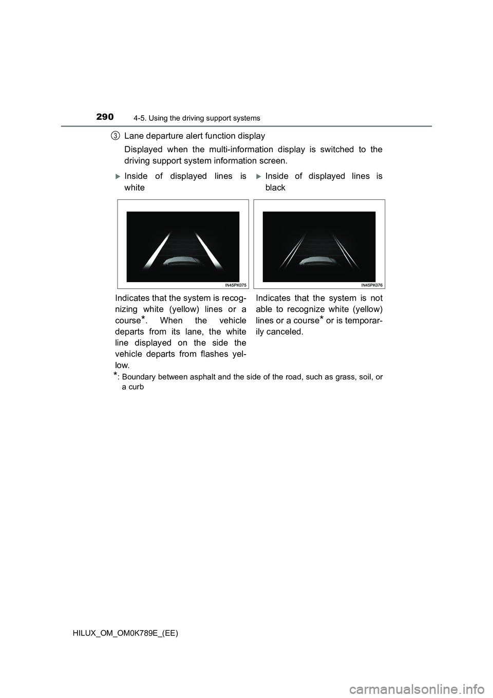TOYOTA HILUX 2023 Owners Manual 2904-5. Using the driving support systems
HILUX_OM_OM0K789E_(EE)
Lane departure alert function display
Displayed when the multi-information display is switched to the
driving support system informat TOYOTA HILUX 2023 Owners Manual 2904-5. Using the driving support systems
HILUX_OM_OM0K789E_(EE)
Lane departure alert function display
Displayed when the multi-information display is switched to the
driving support system informat