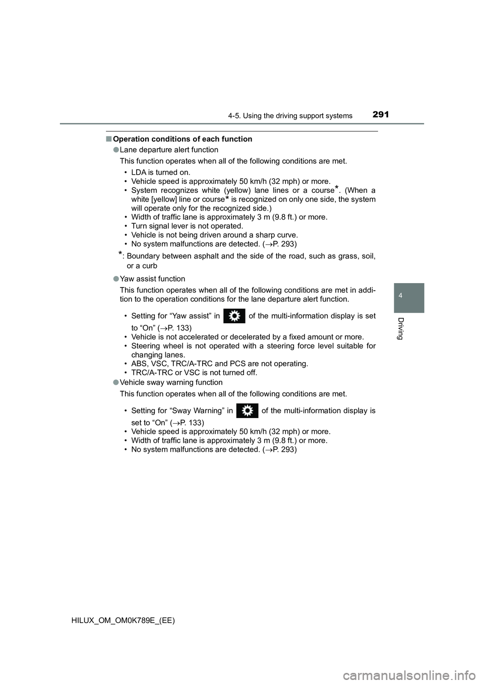 TOYOTA HILUX 2023 Owners Manual 2914-5. Using the driving support systems
4
Driving
HILUX_OM_OM0K789E_(EE)
■Operation conditions of each function
● Lane departure alert function
This function operates when all of the following TOYOTA HILUX 2023 Owners Manual 2914-5. Using the driving support systems
4
Driving
HILUX_OM_OM0K789E_(EE)
■Operation conditions of each function
● Lane departure alert function
This function operates when all of the following