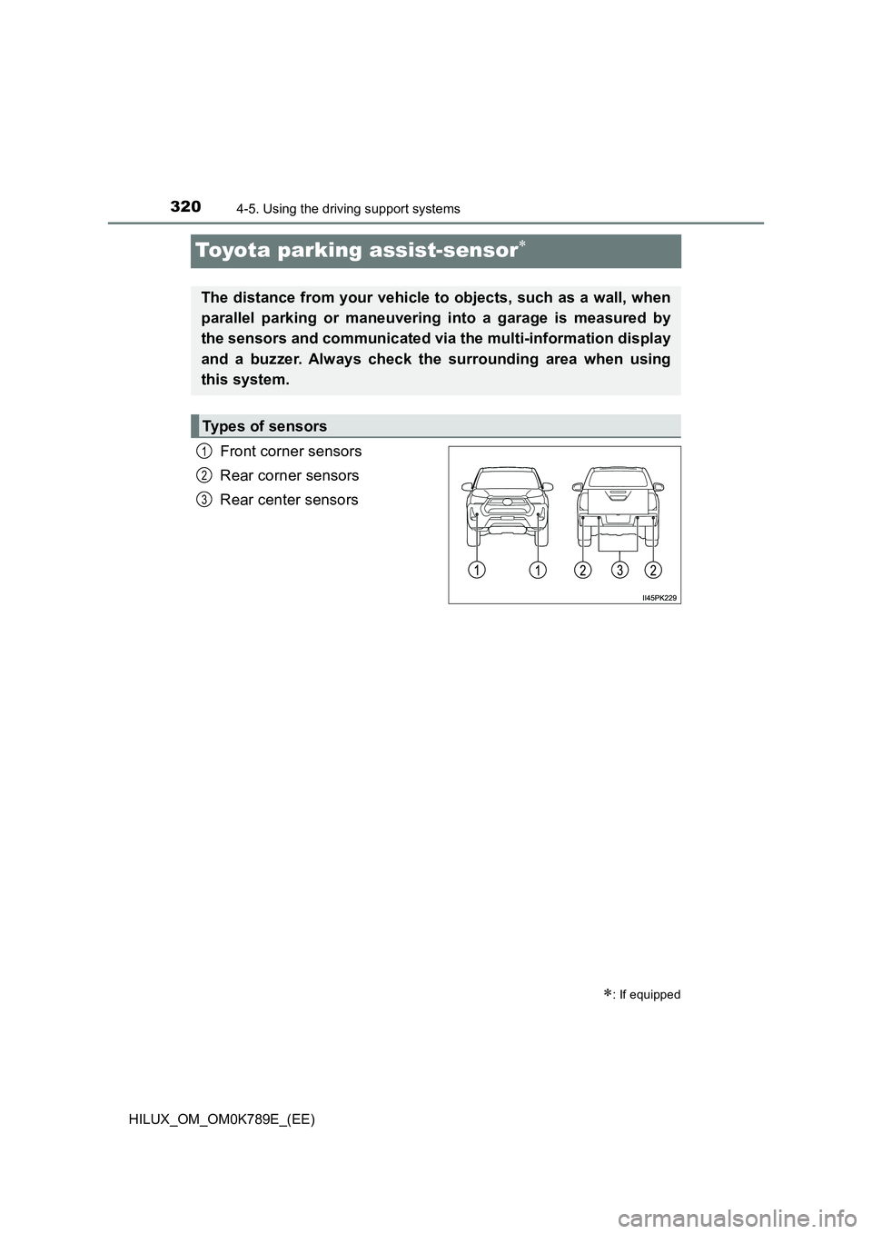 TOYOTA HILUX 2023 Owners Manual 3204-5. Using the driving support systems
HILUX_OM_OM0K789E_(EE)
Toyota parking assist-sensor
Front corner sensors
Rear corner sensors
Rear center sensors
: If equipped
The distance from your TOYOTA HILUX 2023 Owners Manual 3204-5. Using the driving support systems
HILUX_OM_OM0K789E_(EE)
Toyota parking assist-sensor
Front corner sensors
Rear corner sensors
Rear center sensors
: If equipped
The distance from your
