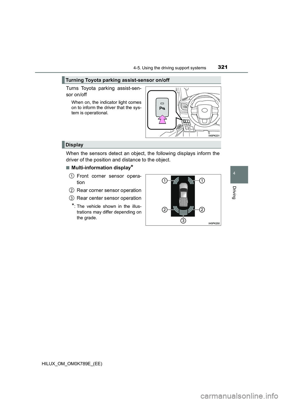 TOYOTA HILUX 2023 Owners Manual 3214-5. Using the driving support systems
4
Driving
HILUX_OM_OM0K789E_(EE)
Turns Toyota parking assist-sen-
sor on/off
When on, the indicator light comes
on to inform the driver that the sys-
tem i TOYOTA HILUX 2023 Owners Manual 3214-5. Using the driving support systems
4
Driving
HILUX_OM_OM0K789E_(EE)
Turns Toyota parking assist-sen-
sor on/off
When on, the indicator light comes
on to inform the driver that the sys-
tem i