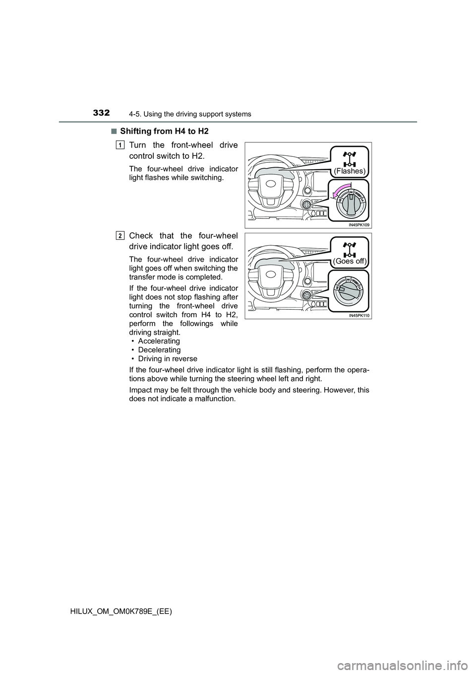 TOYOTA HILUX 2023  Owners Manual 3324-5. Using the driving support systems
HILUX_OM_OM0K789E_(EE) 
■Shifting from H4 to H2 
Turn the front-wheel drive 
control switch to H2.
The four-wheel drive indicator 
light flashes while switc