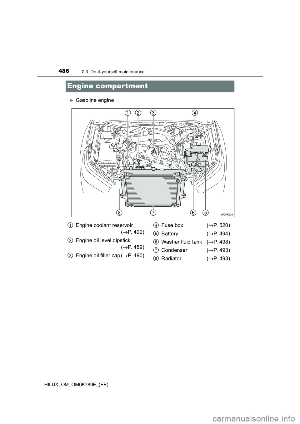 TOYOTA HILUX 2023  Owners Manual 4867-3. Do-it-yourself maintenance
HILUX_OM_OM0K789E_(EE)
Engine compar tment
Gasoline engine
Engine coolant reservoir  
( P. 492) 
Engine oil level dipstick  
 ( P. 489) 
Engine oil filler c