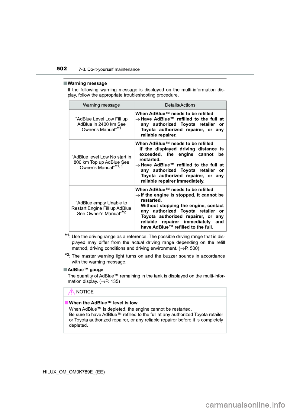 TOYOTA HILUX 2023 Workshop Manual 5027-3. Do-it-yourself maintenance
HILUX_OM_OM0K789E_(EE)
■Warning message
If the following warning message is displayed on the multi-information dis-
play, follow the appropriate troubleshooting TOYOTA HILUX 2023 Workshop Manual 5027-3. Do-it-yourself maintenance
HILUX_OM_OM0K789E_(EE)
■Warning message
If the following warning message is displayed on the multi-information dis-
play, follow the appropriate troubleshooting