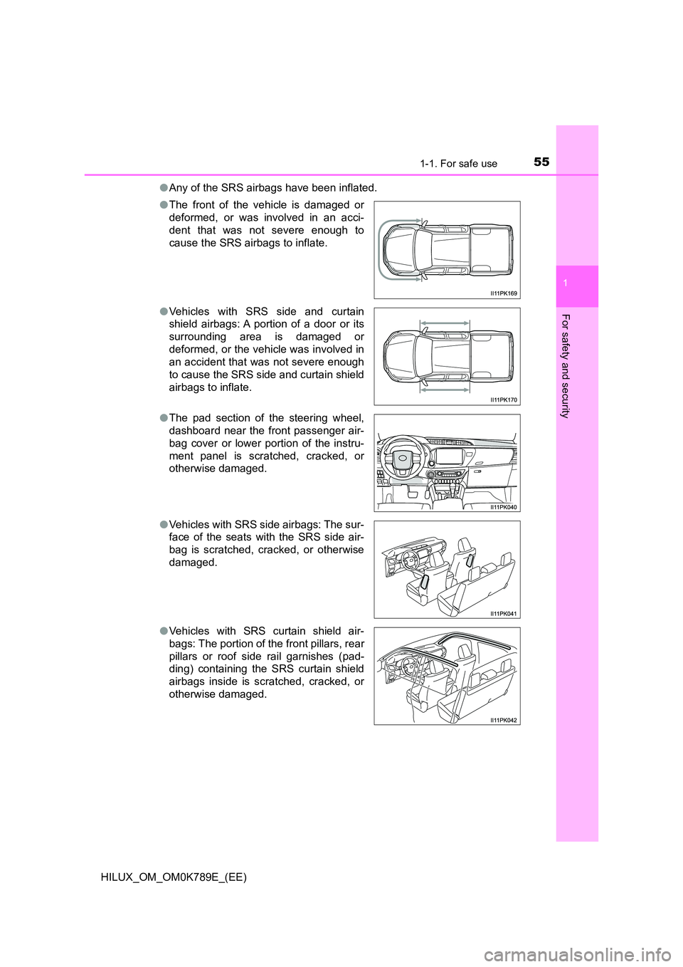 TOYOTA HILUX 2023 Workshop Manual 551-1. For safe use
1
HILUX_OM_OM0K789E_(EE)
For safety and security
●Any of the SRS airbags have been inflated.
● The front of the vehicle is damaged or
deformed, or was involved in an acci-
d TOYOTA HILUX 2023 Workshop Manual 551-1. For safe use
1
HILUX_OM_OM0K789E_(EE)
For safety and security
●Any of the SRS airbags have been inflated.
● The front of the vehicle is damaged or
deformed, or was involved in an acci-
d