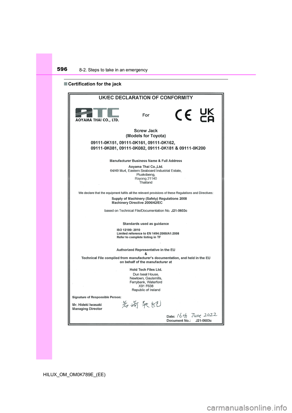 TOYOTA HILUX 2023 Owners Manual 5968-2. Steps to take in an emergency
HILUX_OM_OM0K789E_(EE)
â– Certification for the jack TOYOTA HILUX 2023 Owners Manual 5968-2. Steps to take in an emergency
HILUX_OM_OM0K789E_(EE)
â– Certification for the jack