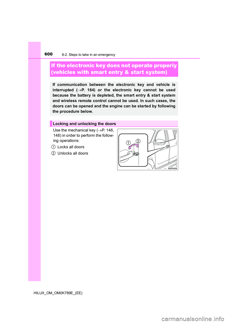 TOYOTA HILUX 2023  Owners Manual 6008-2. Steps to take in an emergency
HILUX_OM_OM0K789E_(EE)
If  the electronic key does not operate properly  
(vehicles with smar t entr y & start system)
Use the mechanical key ( P. 146, 
148) i