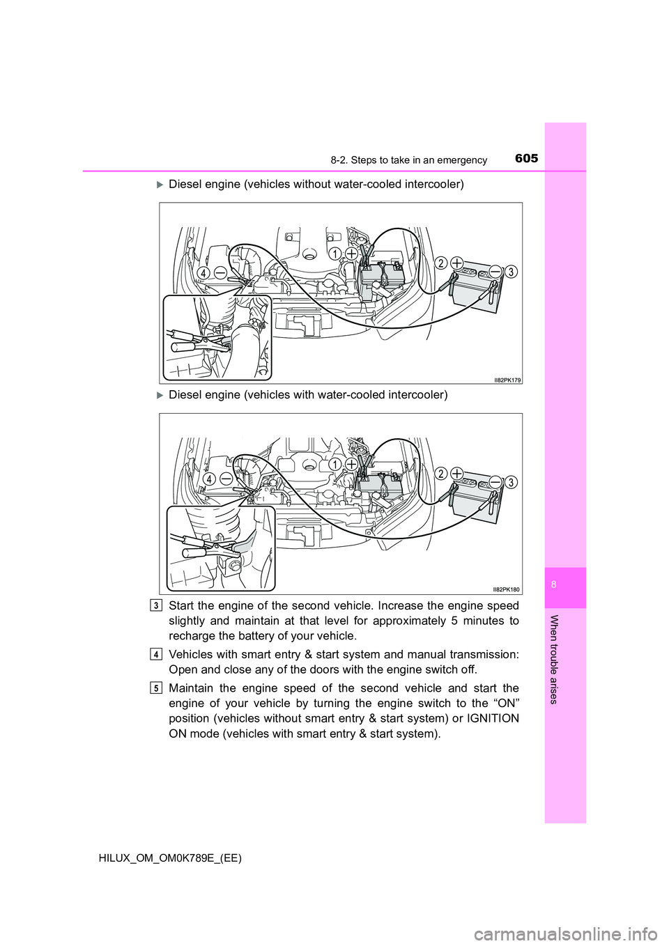 TOYOTA HILUX 2023  Owners Manual 6058-2. Steps to take in an emergency
HILUX_OM_OM0K789E_(EE)
8
When trouble arises
Diesel engine (vehicles without water-cooled intercooler)
Diesel engine (vehicles with water-cooled intercooler
